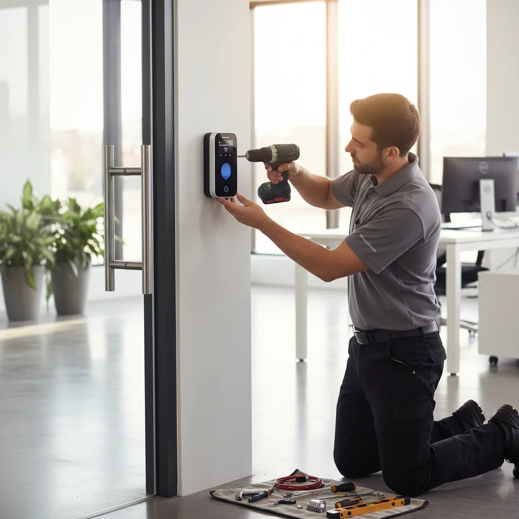 Technician installing an access control reader