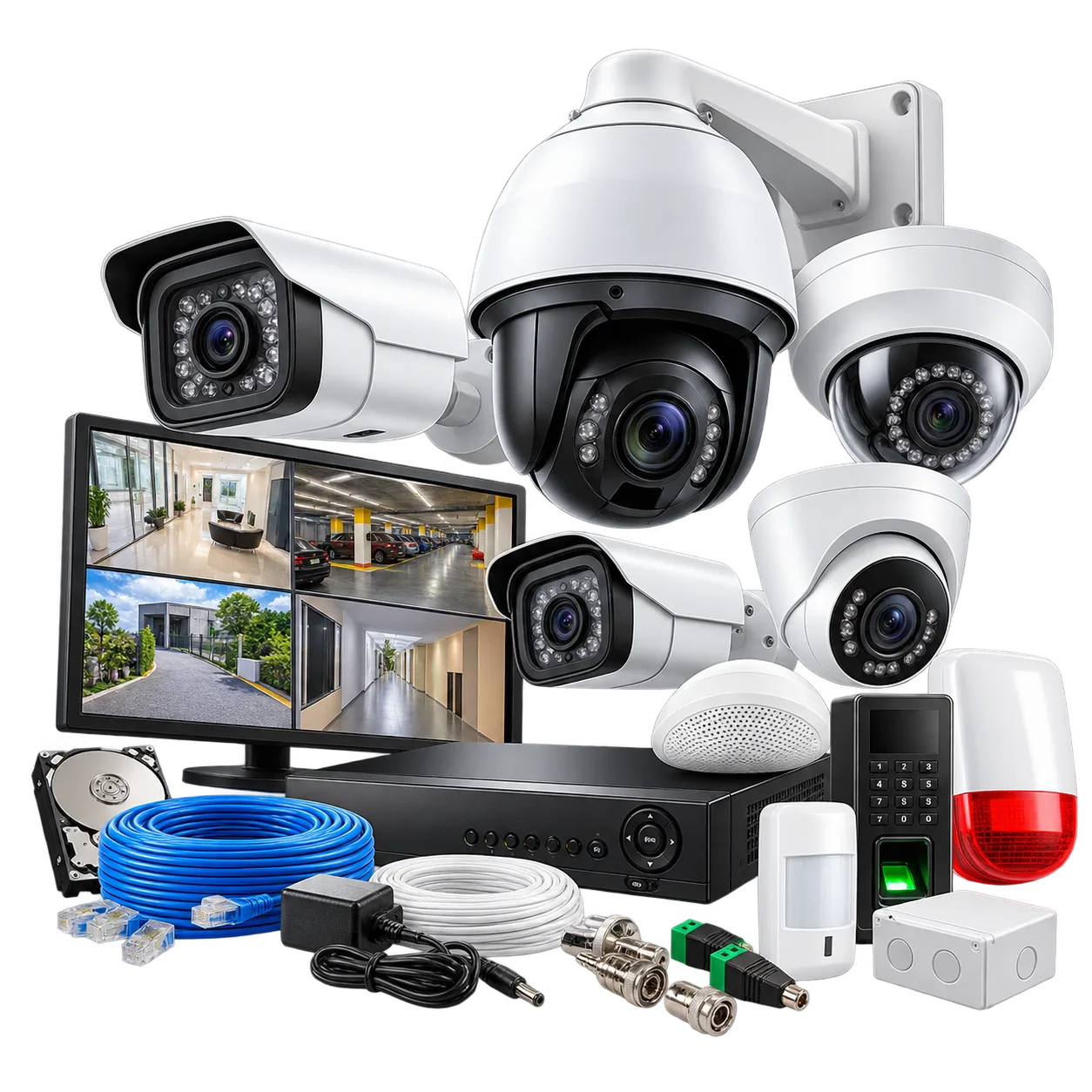 Dome, bullet and PTZ security cameras with accessories